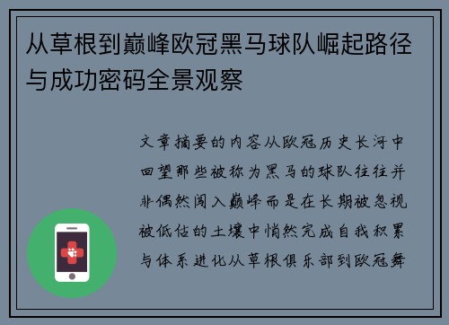 从草根到巅峰欧冠黑马球队崛起路径与成功密码全景观察
